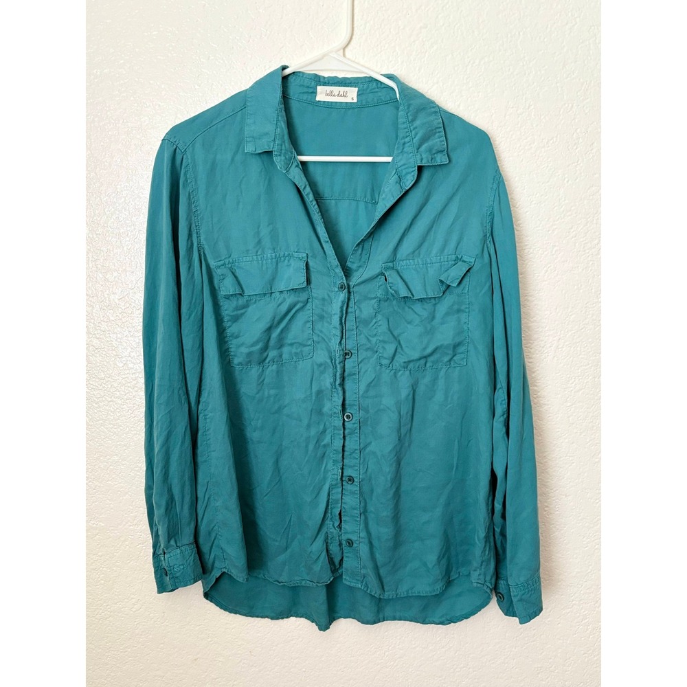 Bella Dahl Button Down Tencel Shirt‎ Top Teal Long Sleeve Pockets Sz S Preppy